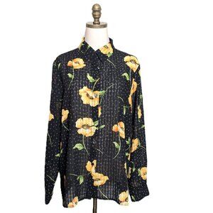 Alfred Dunner Vintage Black Floral Sheer Blouse Size 16 Plus Yellow Poppies